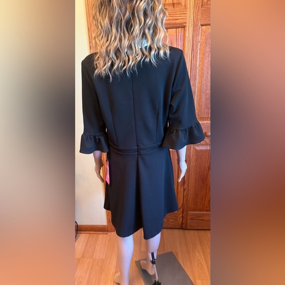 NWT Betsey Johnson Leopard Tie Front Fit & Flare Black Dress White Collar Sz 12 - Picture 2 of 16